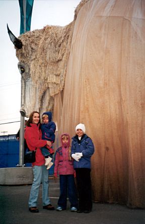 Nosack girls by the Buffalo puppet used in the Opening Ceremonies